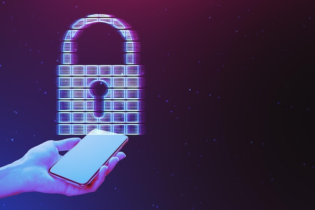 Close up of female hand holding mobile phone with glowing digital padlock hologram on dark purple background with mock up place Secure and web safety concept