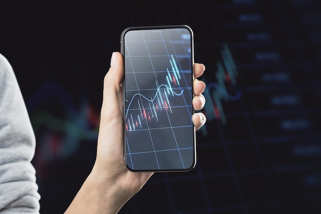 Close up of female hand holding mobile phone with glowing forex chart on blurry dark grid background Trade finance and invest concept