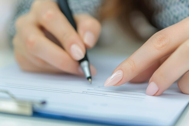 Close up of a female hand holding a pen and filling in form