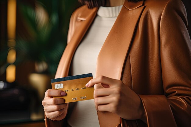 Close up female hands holding a credit card a young woman paying online using a banking service