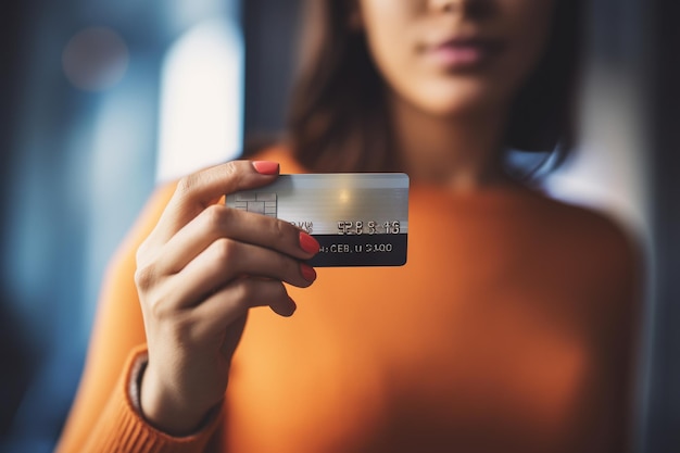 Close up female hands holding a credit card a young woman paying online using a banking service