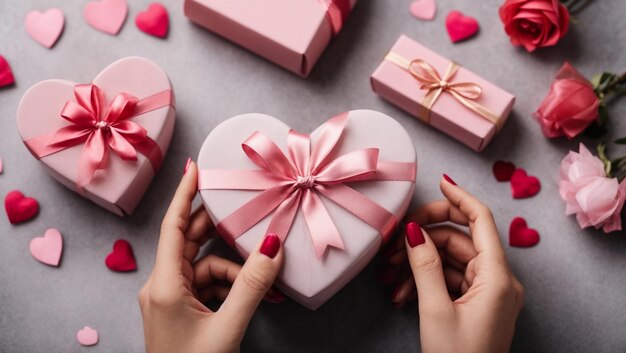ピンクのハートのプレゼントを握っている女性の手のクローズアップ バレンタインデーコンセプト
