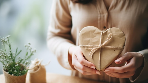 Photo close up of female hands holding heart shaped gift box with craft paper