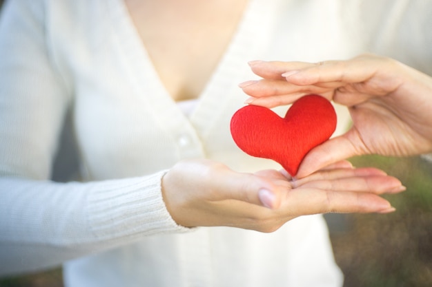 Close up of female hands holding a red heart.