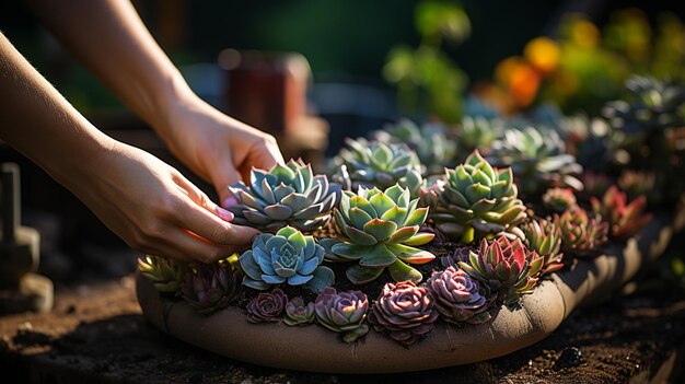 Photo close up of female hands holding succulent plants