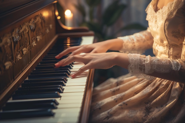 Close up of female hands playing on piano keys with AI generated