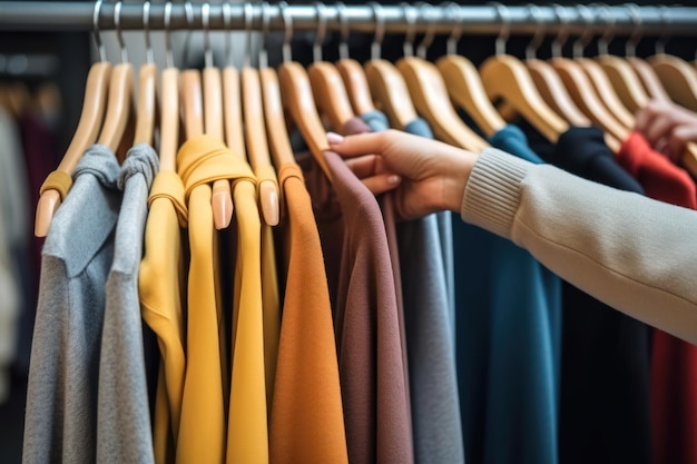 衣料品店で服を選ぶ女性の手のクローズ アップ ハンガー ジェネレーティブ AI