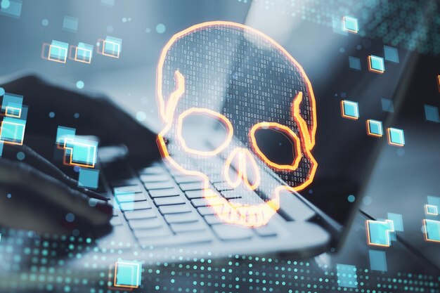 Close up of female hands using laptop keyboard with glowing digital binary code skull on blurry background Hacking piracy malware and data theft concept Double exposure