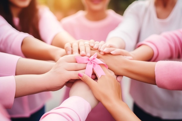 Photo close up of female hands with pink ribbon world cancer day