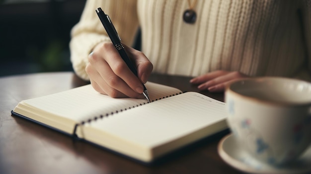 オフィスの机の上のノートに書いている女性の手の接写