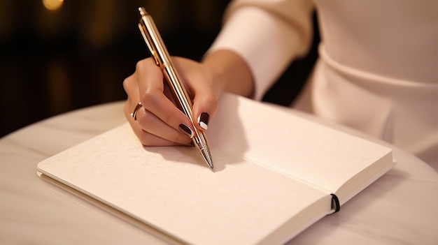 close up of female hands writing in notebook on a desk in office