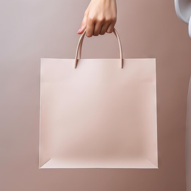 Close up female holds white clear empty blank craft paper gift bag after shopping Generative