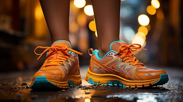 Close up of female legs in sports shoes on the street at night