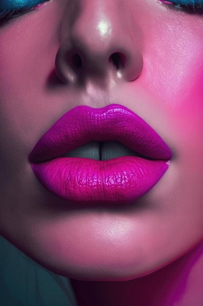 ジェネレーティブ AI テクノロジーを使用して作成されたサテン ピンクの口紅で女性の唇のクローズ アップ