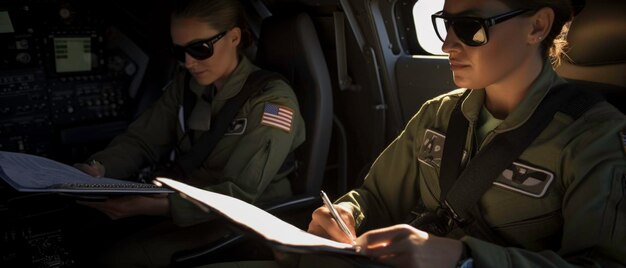 Close Up of Female Pilot and CoPilot with Map in Cockpit generated by AI