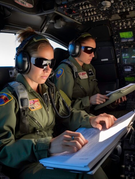 Close Up of Female Pilot and CoPilot with Map in Cockpit generated by AI