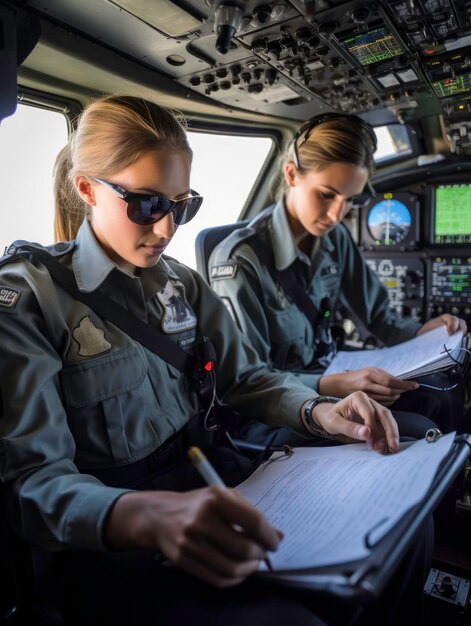 Foto close up di pilota femminile e co-pilota con mappa nella cabina di pilotaggio generata dall'ai