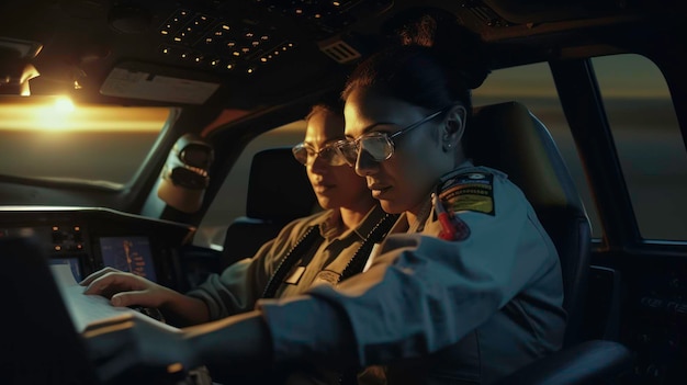 Клоуз-ап женского пилота и второго пилота с картой в кабине, сгенерированной ИИ