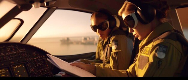 Close Up of Female Pilot and CoPilot with Map in Cockpit generated by AI