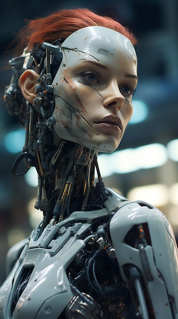 Close up of a female robot with blood on her face looking at the camera