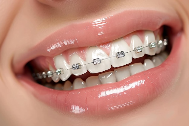 Foto close up of female teeth with metal braces