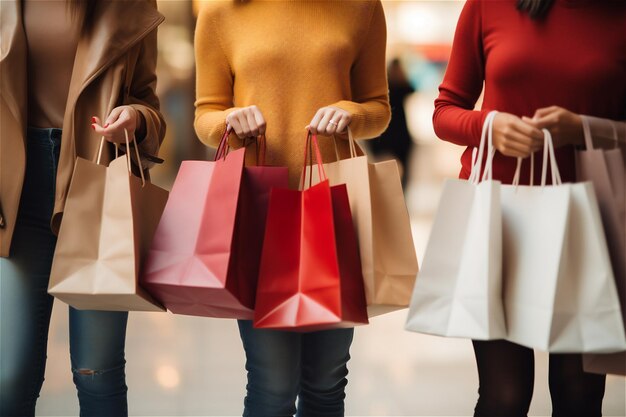 close up of females holding paper shopping bags walking in shopping centre