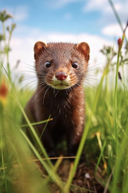 A close up of a ferret in a field