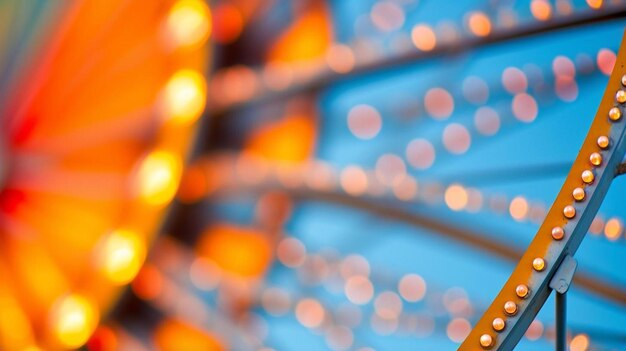 a close up of a ferris wheel with lights in the background