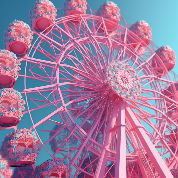 a close up of a ferris wheel with many pink and white decorations generative ai