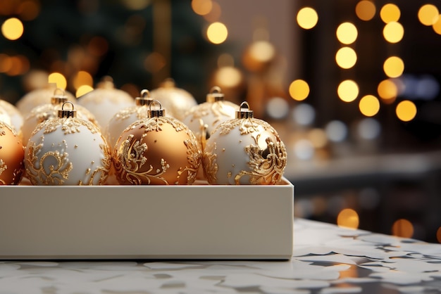 close up of festive Christmas balls in boxdecoration for holidays