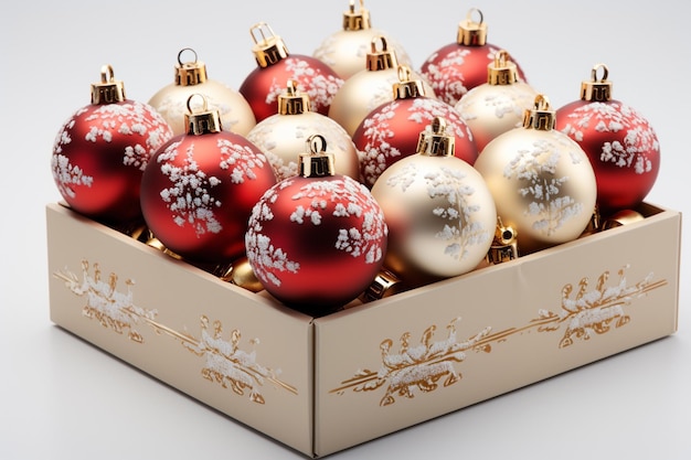 close up of festive Christmas balls in boxdecoration for holidays