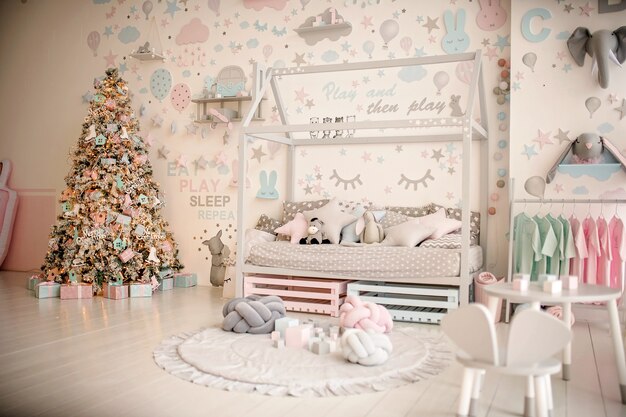 Close up on festively decorated Christmas kids room