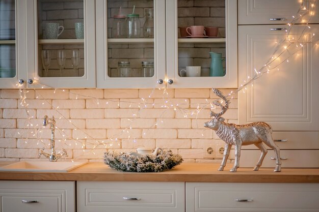 Close up on festively decorated kitchen Christmas