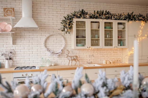 Close up on festively decorated kitchen Christmas