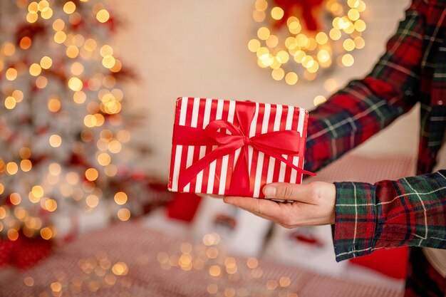 Close up on festively wrapped Christmas gift box