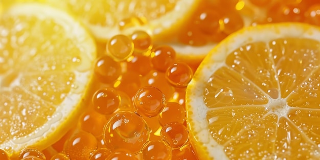 A close up of a few oranges with a few beads on top of them