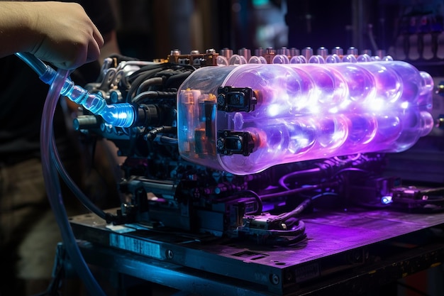 Close up of a fiber optic cable being plugged into a server