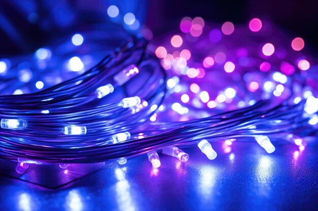 Close up of fiber optic cables with glowing lights