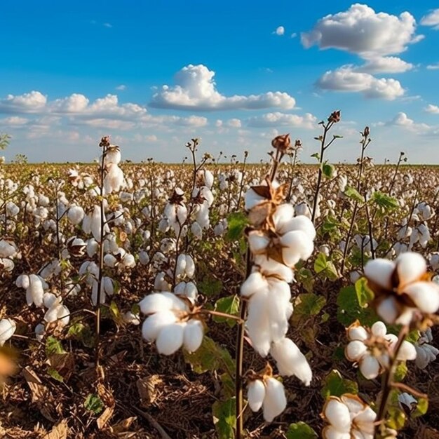 A close up of a field of cotton with a blue sky in the background generative ai