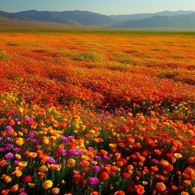 a close up of a field of flowers with mountains in the background generative ai