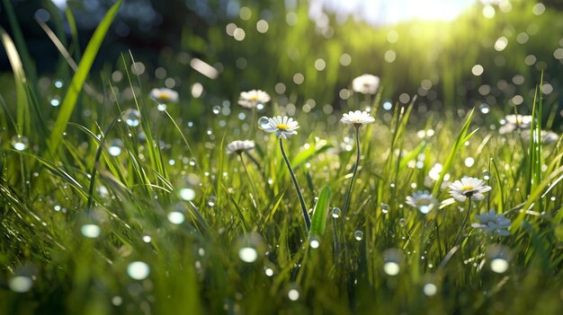 A close up of a field of grass with water droplets on it generative ai