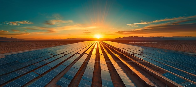 Photo a close up of a field of solar panels with the sun setting generative ai