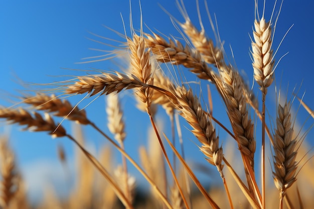 a close up of a field of wheat with a blue sky in the background