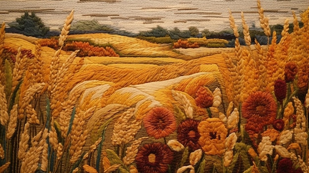 A close up of a field of wheat with a landscape in the background