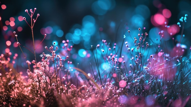 Photo a close up of a field with pink and blue lights ai