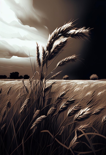 A close up of field with tall grass and dark sky generative ai