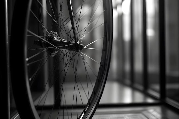 Foto close-up fietswiel op een zwarte achtergrond