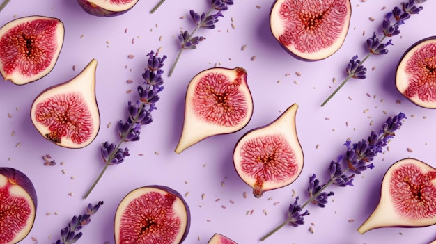 Photo close up of a fig fruit pattern with lavender flowers