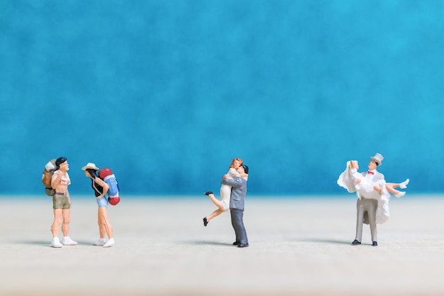 Photo close-up of figurines against blue background