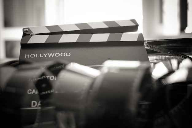 Close-up of film reel and slate